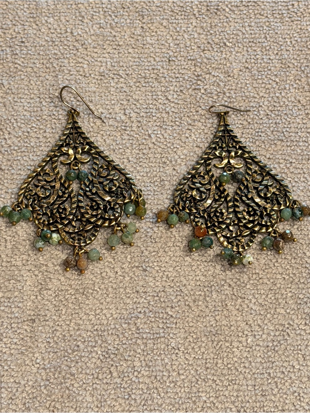 Source Unknown Gold Filigree Teardrop Earrings with Green and Brown Beads